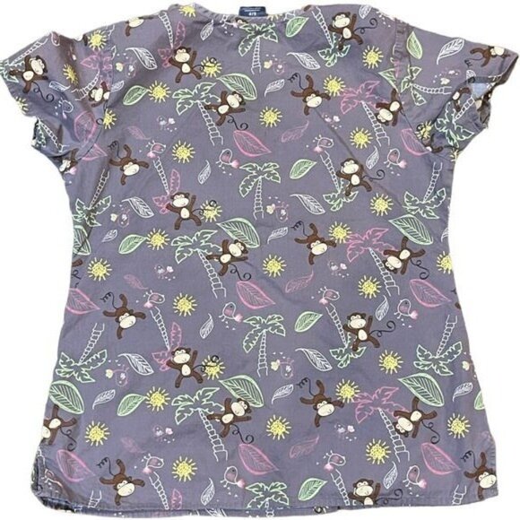 Zoe + Chloe Womens V-Neck Scrub Top Monkey & Jungle Print Short Sleeve - Picture 2 of 4